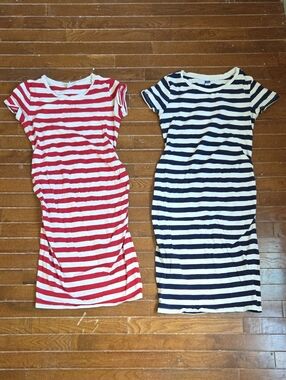 Maternity Striped Tee Shirt Dresses - Red & Navy Options